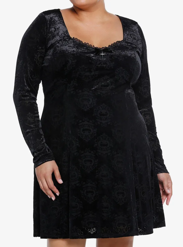 Cosmic Aura Pumpkin Bats Damask Velvet Dress Plus