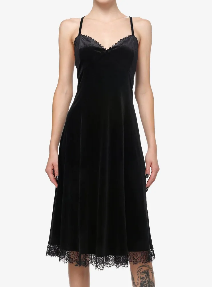 Cosmic Aura Black Velvet Lace Midi Dress