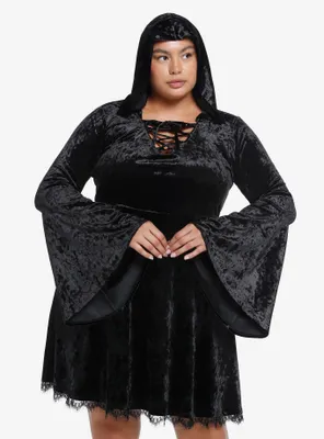 Cosmic Aura Black Velvet Hooded Dress Plus