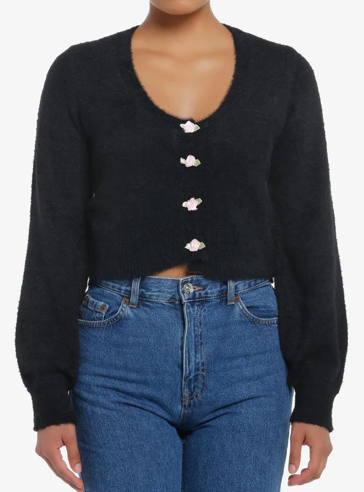 Sweet Society Black Fuzzy Rosette Buttons Crop Girls Cardigan