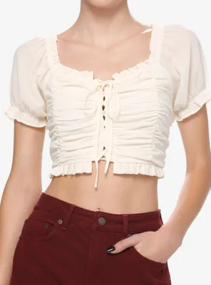 Thorn & Fable Antique White Ruched Girls Crop Top