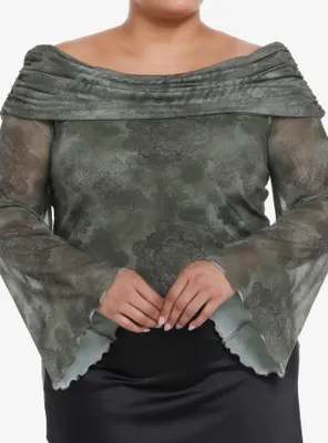 Thorn & Fable Green Mesh Off-The-Shoulder Girls Long-Sleeve Top Plus
