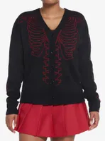 Social Collision Red & Black Rib Cage Knit Girls Cardigan