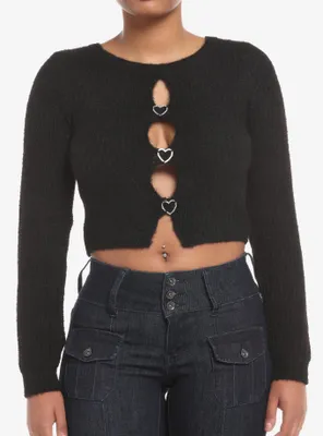 Black Fuzzy Heart Bling Cut-Out Girls Crop Sweater