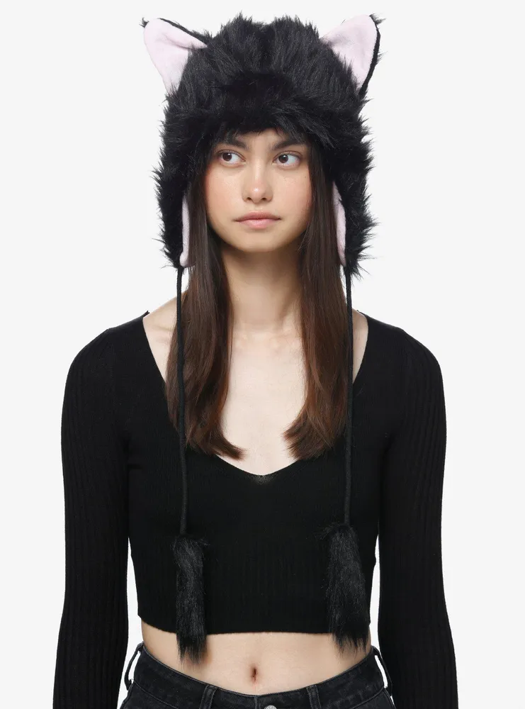 Black Cat Fuzzy Tassel Beanie