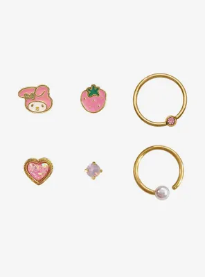 Steel Gold My Melody Strawberry Nose Stud & Captive Hoop 6 Pack