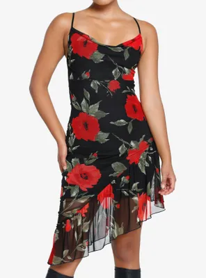 Red Rose Asymmetrical Slip Dress
