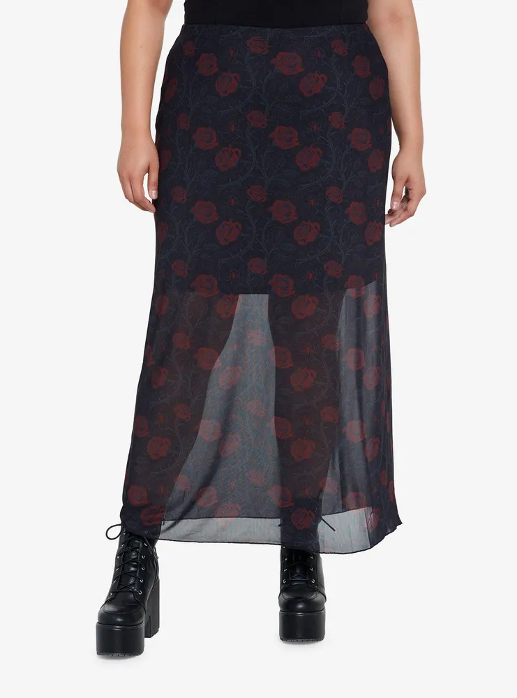 Hot Topic Red Rose Mesh Maxi Skirt Plus