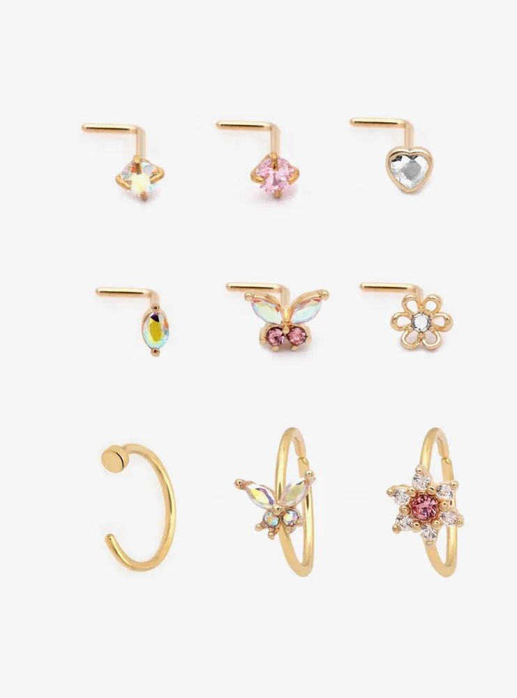 Steel Butterfly Heart Gem Nose Stud & Hoop 9 Pack