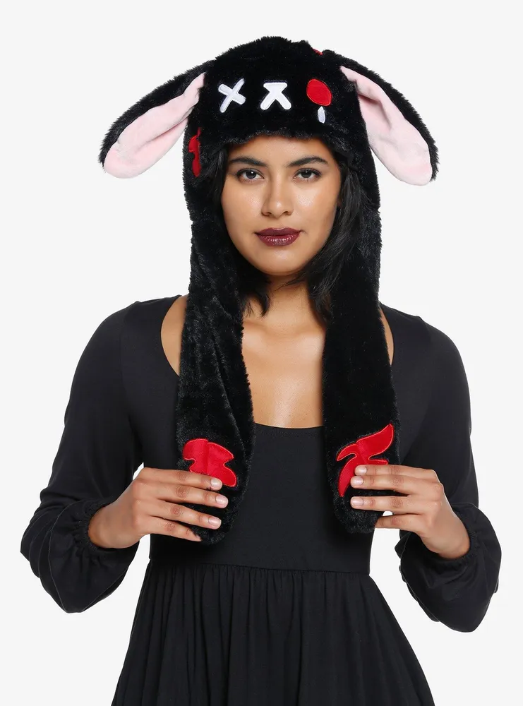 Black Goth Bunny Tassel Fuzzy Beanie