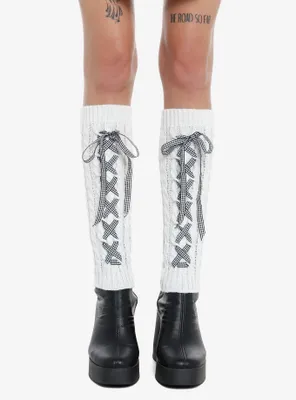 Gingham Lace-Up Cream Cable Knit Leg Warmers