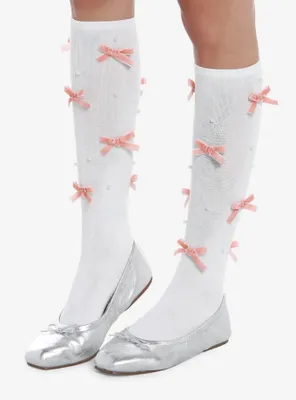 Pink Bows Pearl Beads Knee-High Socks