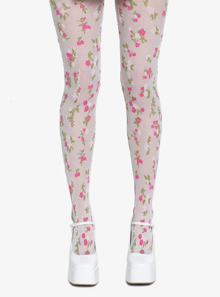 Hot Topic White & Pink Floral Sheer Tights