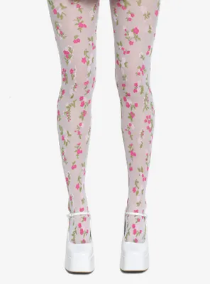 White & Pink Floral Sheer Tights