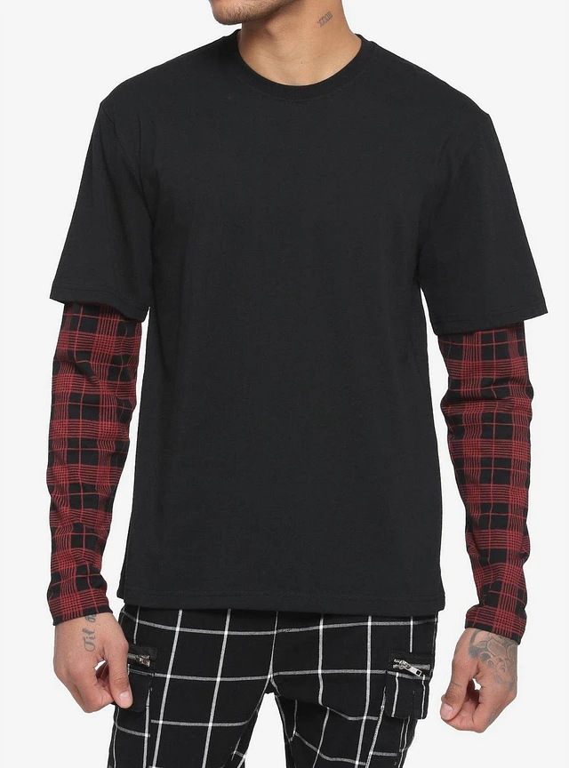 Hot Topic Black & Plaid Sleeve Twofer Long-Sleeve T-Shirt | Liberty Center Hot Topic Black & Plaid Sleeve Twofer Long-Sleeve T-Shirt | Liberty Center