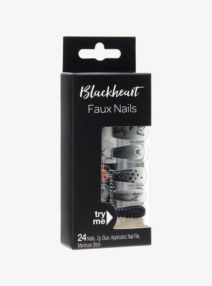 Blackheart Butterfly Rhinestone Faux Nail Set