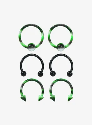 Steel Black & Green Circular Barbell Captive Hoop 6 Pack
