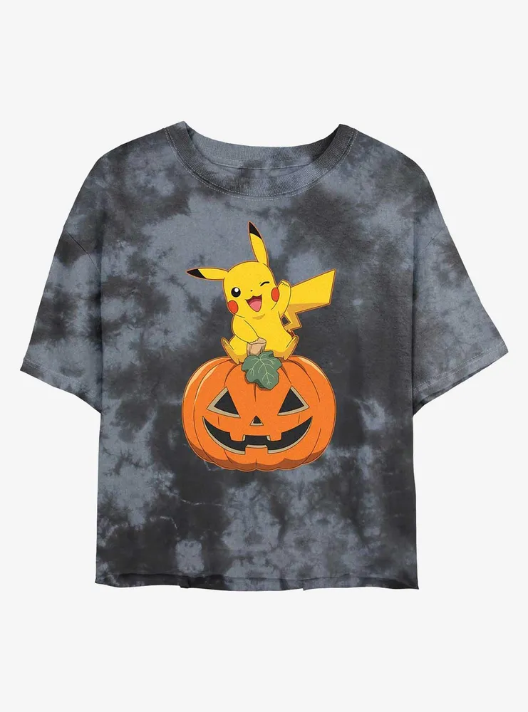 Pokemon Pikachu Pumpkin Womens Tie-Dye Crop T-Shirt