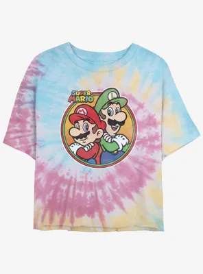 Nintendo Mario Super And Luigi Badge Tie-Dye Womens Crop T-Shirt