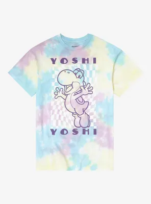 Super Mario Yoshi Checkered Tie-Dye Boyfriend Fit Girls T-Shirt