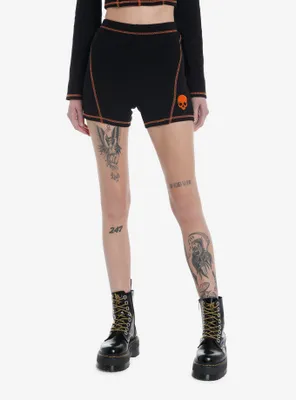 Social Collision Black & Orange Stitch Skull Girls Bike Shorts