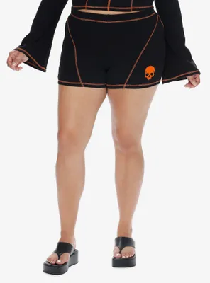 Social Collision Black & Orange Stitch Skull Girls Bike Shorts Plus