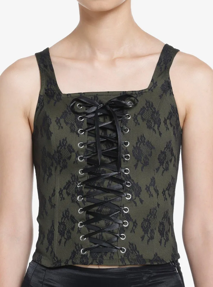 Hot Topic Thorn & Fable Green Black Lace Girls Corset Top