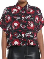 Social Collision Flaming Skulls Allover Print Girls Woven Button-Up