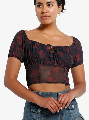 Daisy Street Black & Red Rose Mesh Girls Crop Babydoll Top