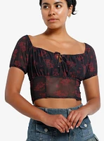 Daisy Street Black & Red Rose Mesh Girls Crop Babydoll Top