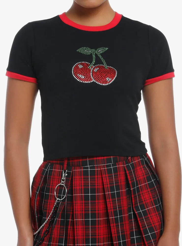 Hot Topic Social Collision Rhinestone Cherries Girls Crop Ringer T