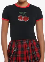 Social Collision Rhinestone Cherries Girls Crop Ringer T-Shirt