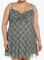 Social Collision Green Plaid Mesh Mini Dress Plus