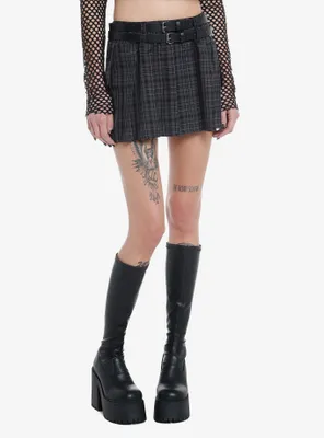 Grey Plaid Double-Belted Mini Skirt