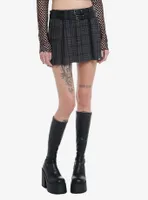Grey Plaid Double-Belted Mini Skirt
