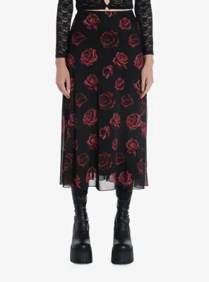 Cosmic Aura Red Rose Mesh Midi Skirt