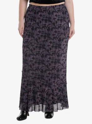 Cosmic Aura Purple & Black Roses Mesh Maxi Skirt Plus