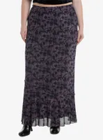 Cosmic Aura Purple & Black Roses Mesh Maxi Skirt Plus