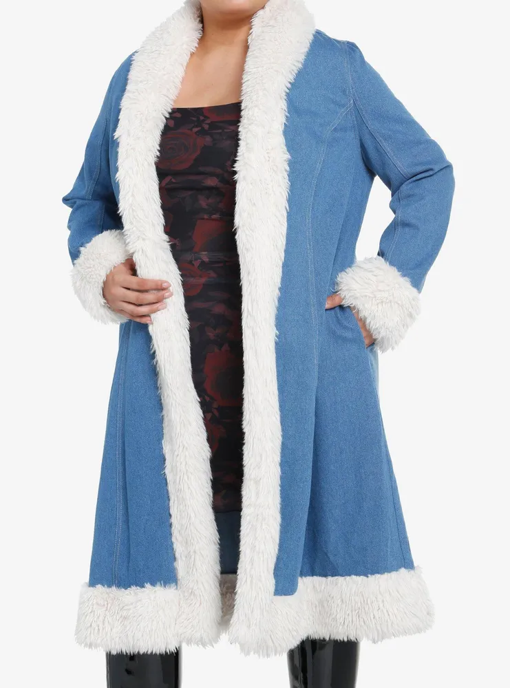 Social Collision Denim Fur Trim Girls Long Coat Plus