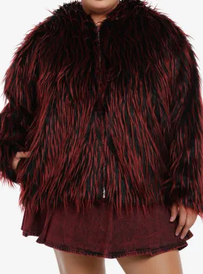Social Collision Red & Black Faux Fur Girls Hoodie Plus