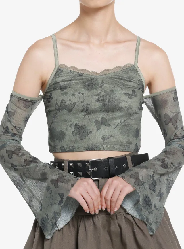 Thorn & Fable Green & Black Lace Cold Shoulder Girls Crop Top