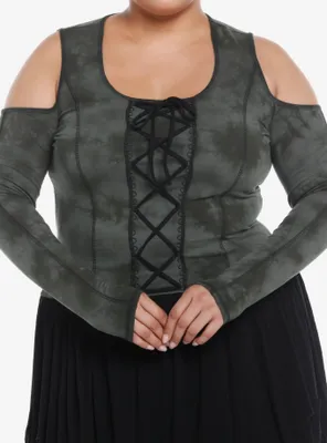 Thorn & Fable Dark Green Tie-Dye Lace-Up Girls Cold Shoulder Top Plus
