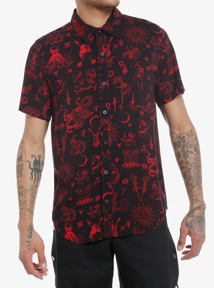 Social Collision Ancient Monsters Allover Print Woven Button-Up