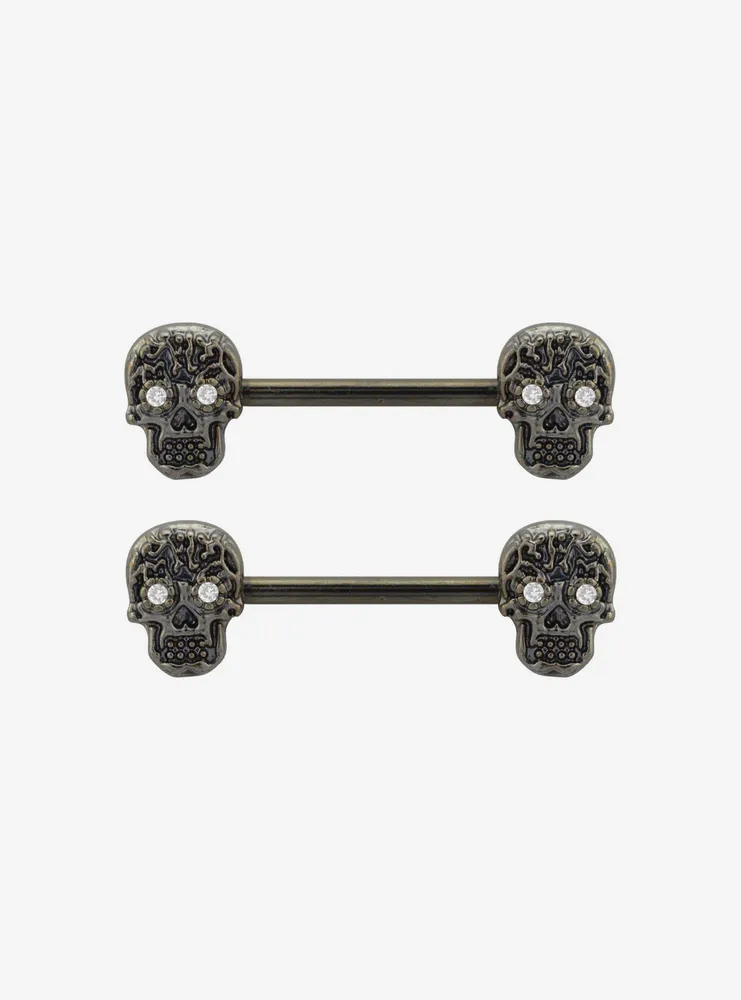 14G Steel Skull Bling Nipple Barbell 2 Pack