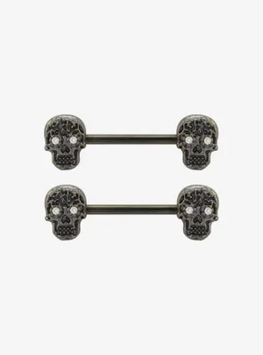 14G Steel Skull Bling Nipple Barbell 2 Pack