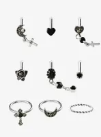 Steel Gothic Heart Cross Nose Stud & Hoop 9 Pack