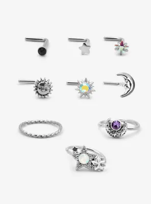 Steel Sun & Moon Nose Stud Hoop 9 Pack