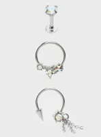 18G Steel Silver Stars & Gems Labret Stud Spike & Hoop 3 Pack