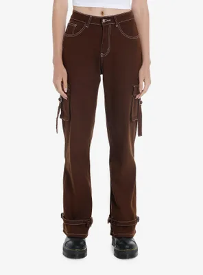 Brown Contrast Stitch Strap Carpenter Pants