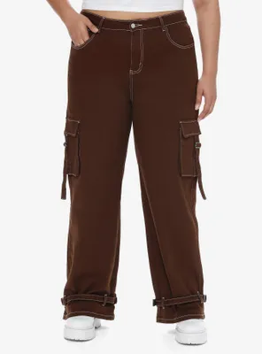 Brown Contrast Stitch Strap Carpenter Pants Plus